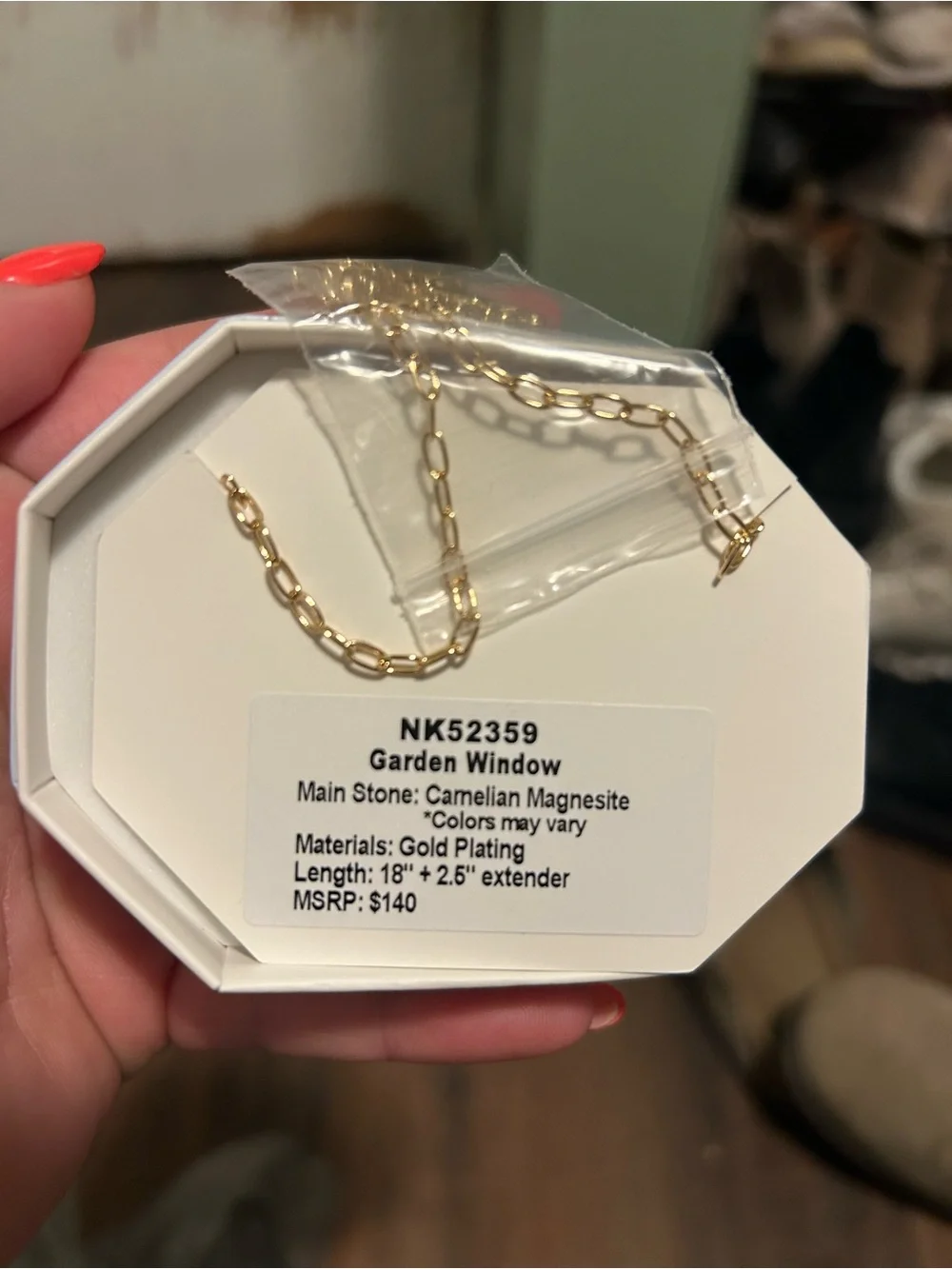 Gold Chain Necklace with Coral Pendant and Crystals - Designed in the USA